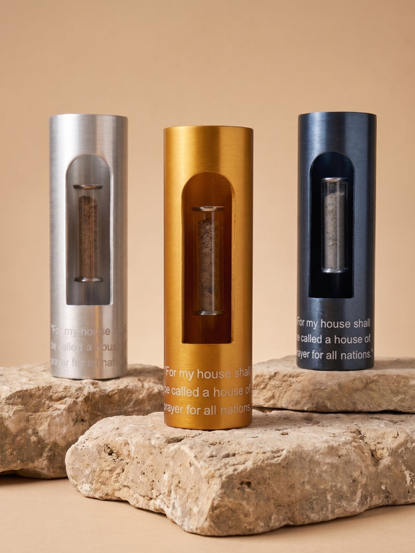 The House of Prayer Tower in silver, gold, and grey brushed finishes on Jerusalem limestone