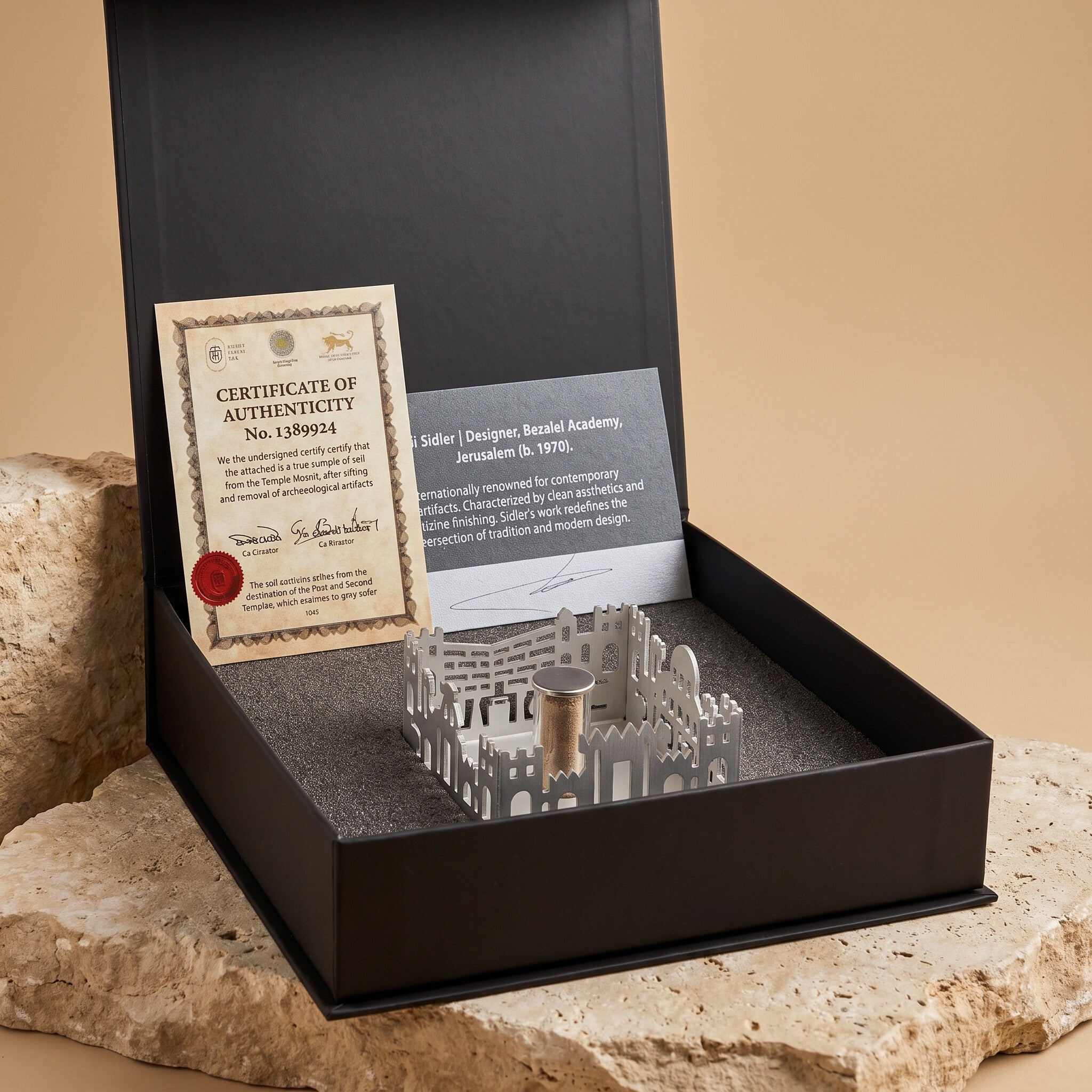 Jerusalem of Gold in its Temple Mount Soil Collection gift box with Certificate of Authenticity