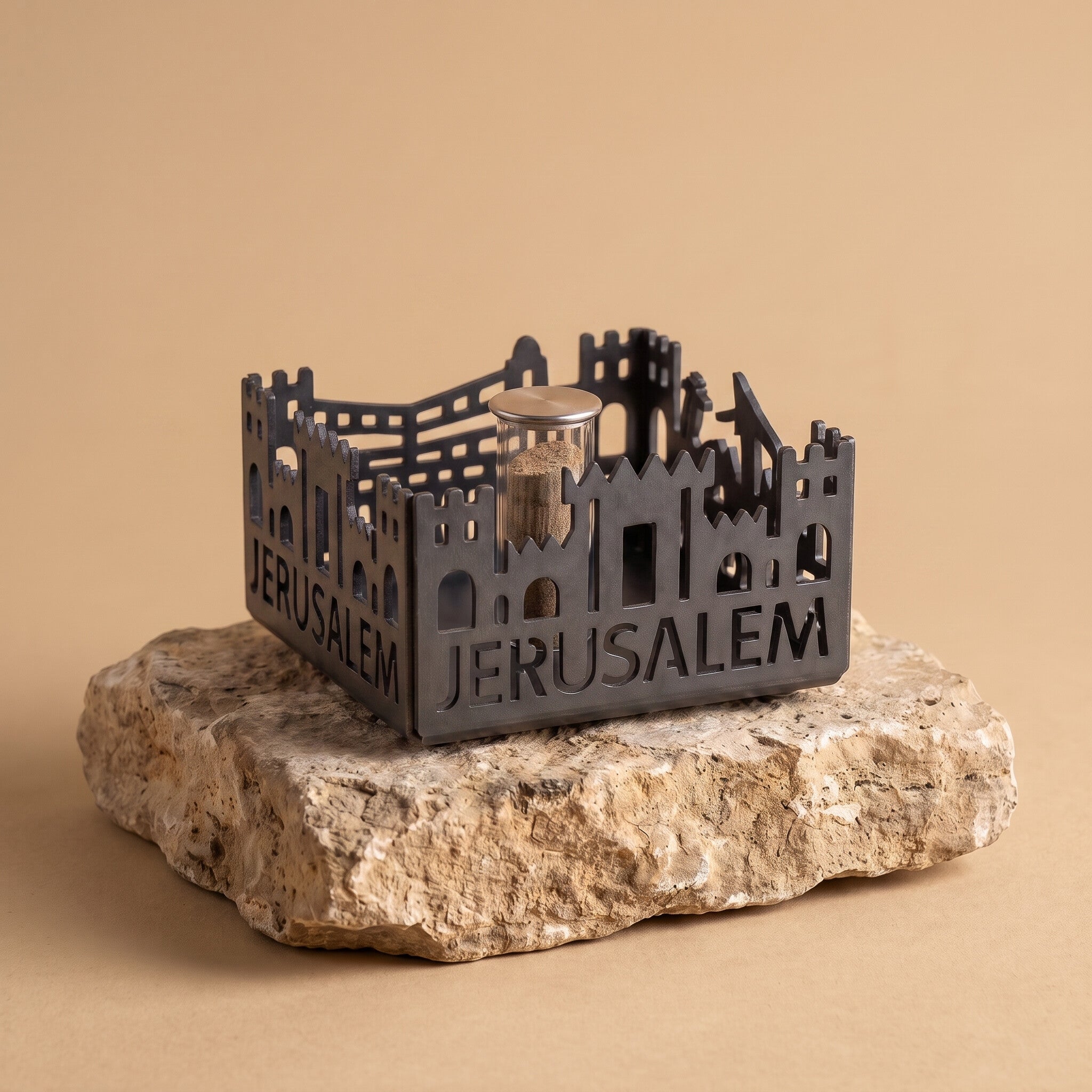 Jerusalem of Gold in grey with JERUSALEM cut through the Old City wall