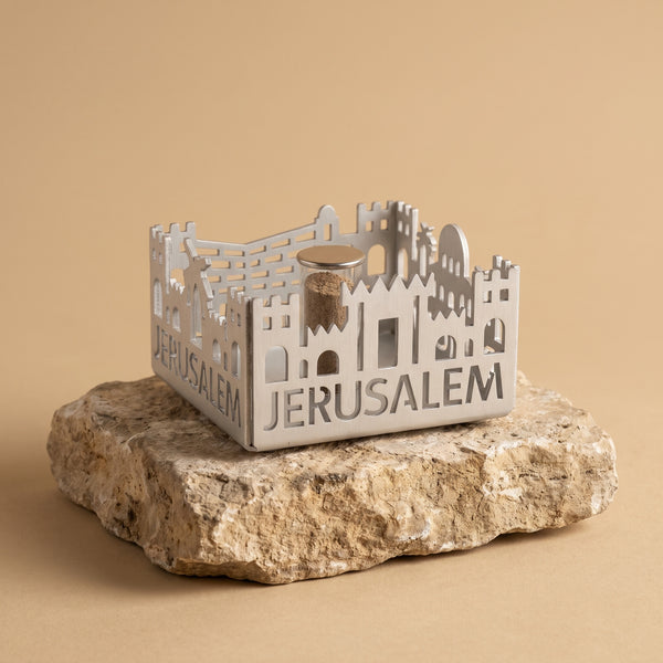 Jerusalem of Gold in brushed silver, Old City walls sheltering a vial of authentic Temple Mount soil