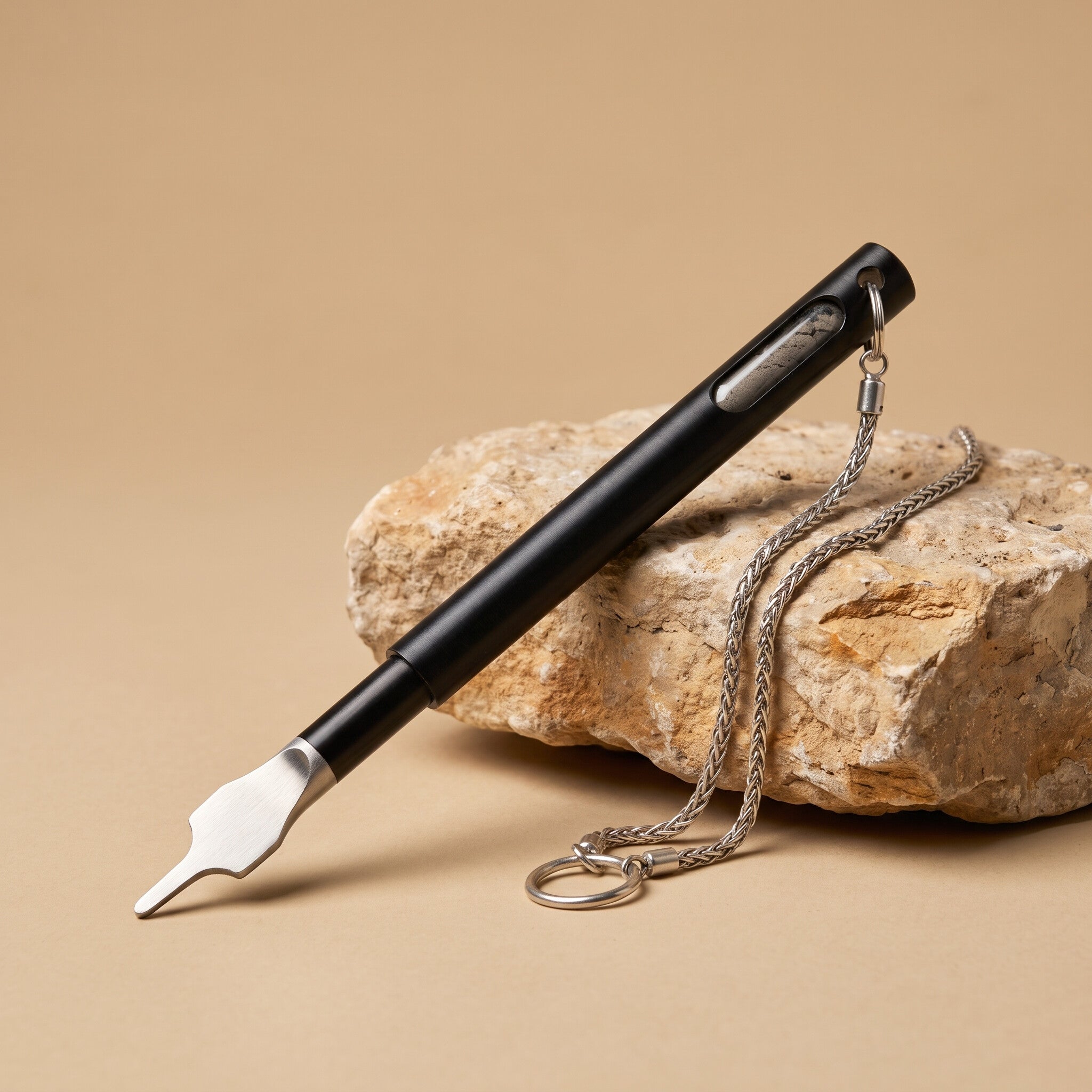 The Hand of the Scroll Torah pointer in black with soil capsule window and braided chain