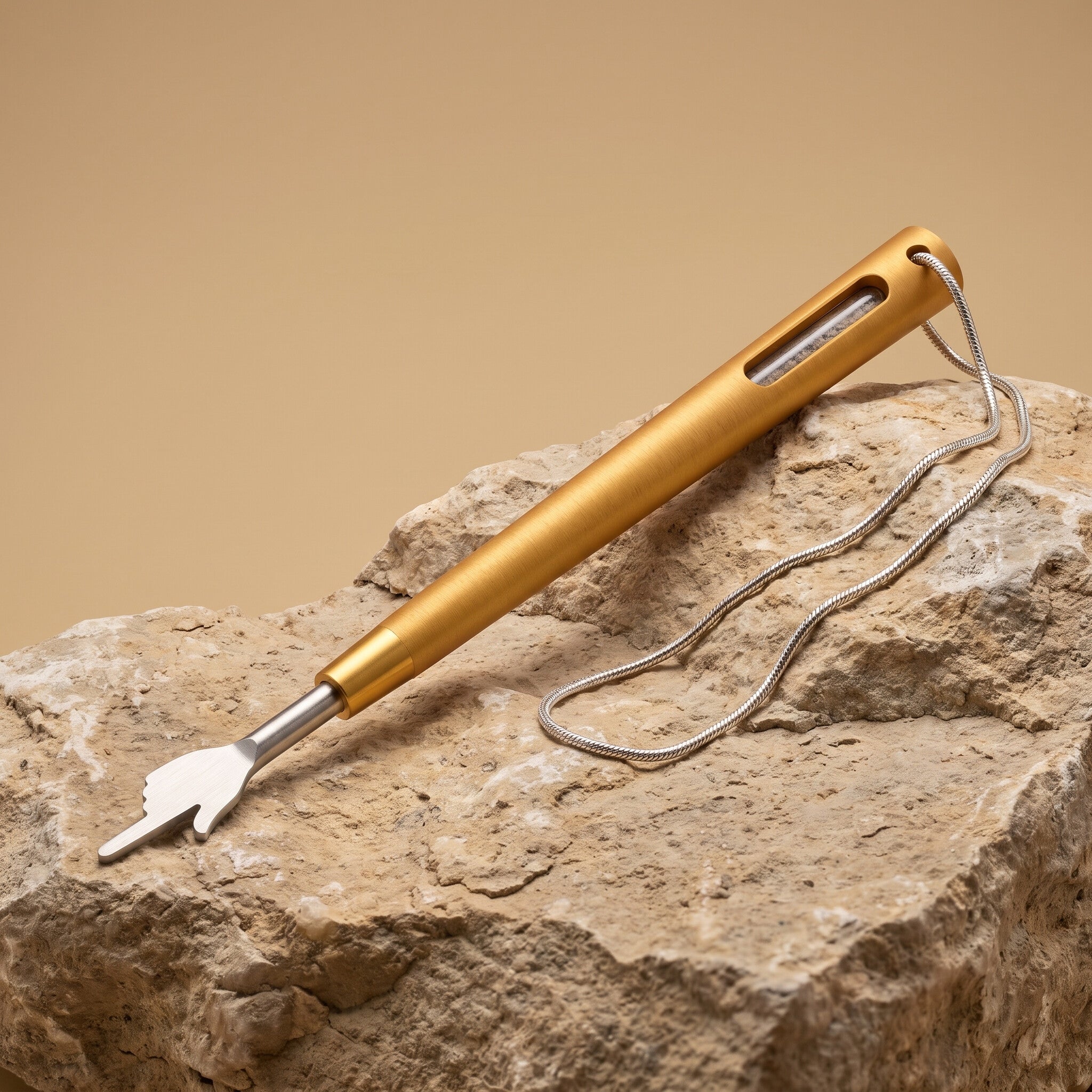 The Hand of the Scroll Torah pointer in gold with soil capsule window and braided chain