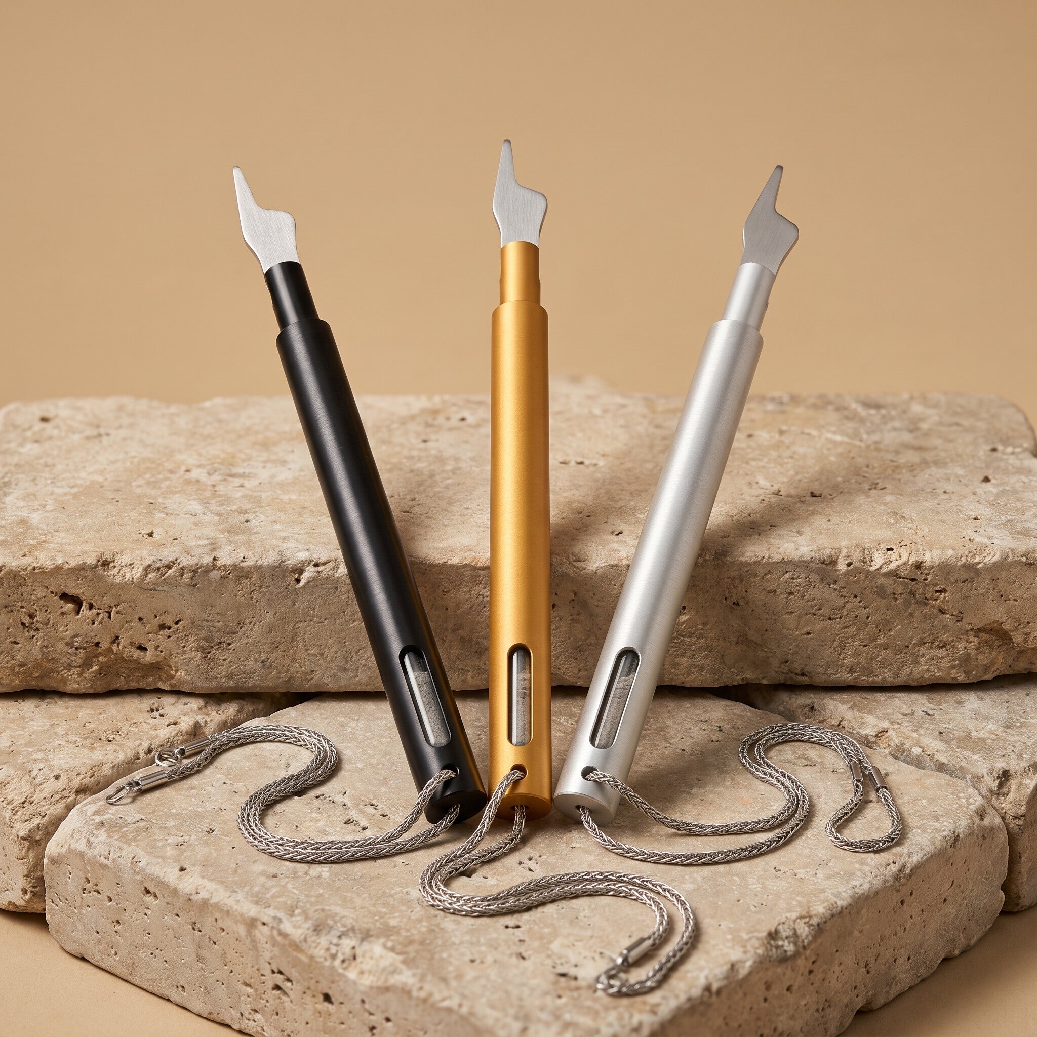 The Hand of the Scroll Torah pointer in black, gold, and silver finishes on Jerusalem limestone
