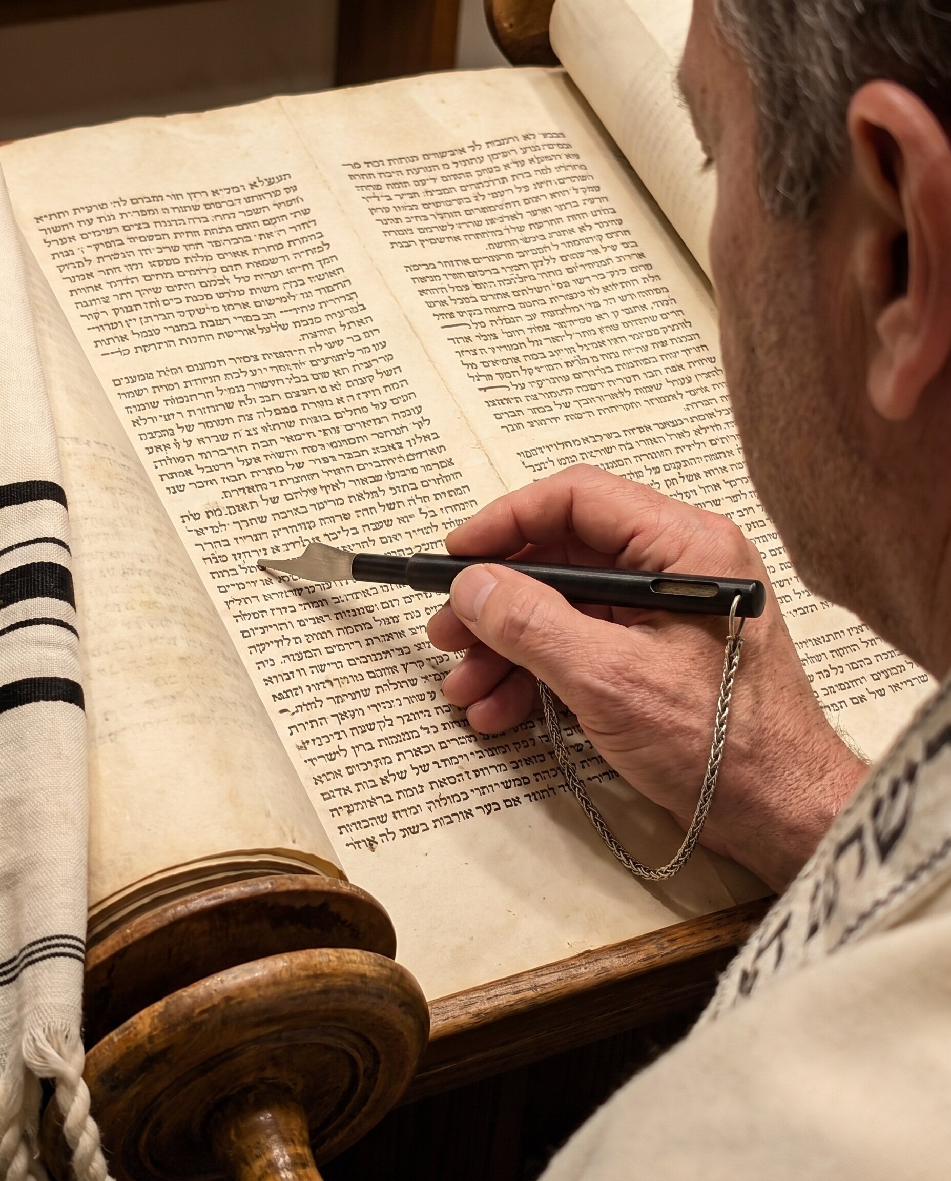 Reading the Torah with The Hand of the Scroll, the silver tip following the text